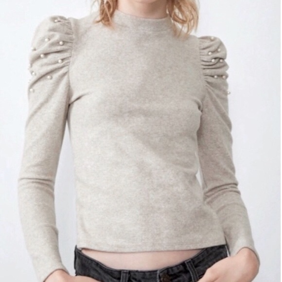 Zara Pearl Detail Puff Sleeve Sweater S - Picture 2 of 7